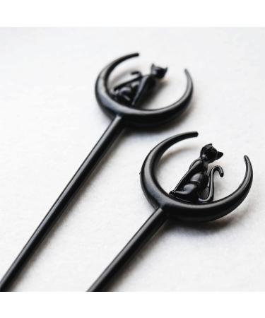 Cat Moon Hair Styling Pins - 2pcs Black Wicca Witch Hair Slide for Women - Buy Online on GoSupps.com