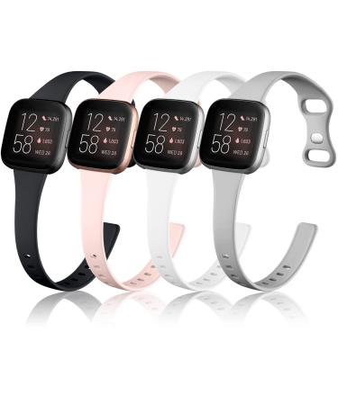 Witzon 4 Pack Slim Bands Compatible with Fitbit Versa 2 Bands/Fitbit Versa/Fitbit Versa Lite/SE Silicone Replacement Smartwatch Wristband for Women Men(Small Black/Gray/Pink Sand/White) Black/White/Gray/Pink Sand Small