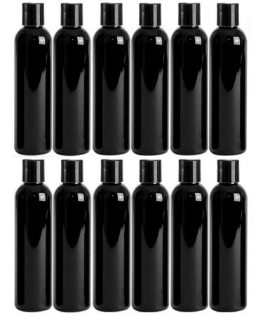 8 Ounce Cosmo Round Bottles, PET Plastic Empty Refillable BPA-Free, with Black Press Down Disc Caps (Pack of 12) (Black)