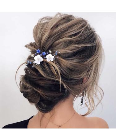 YBSHIN Wedding Lace Flower Hair Pins Blue Rhinestone Hair Clips Bridal Beaded Crystal Headpieces Pearl Hair Accessories for Women and Girls (Pack of 2) (A-Lace Flower)