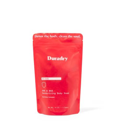 Duradry Body Soak - Dead Sea Salt & Himalayan Salt with AHA & BHA All-Body Deodorizing Bath Salts All-Natural Vegan Cruelty-Free Colorant-Free Up to 3 Soaks Soothing Lavender Fragrance - 14 Oz