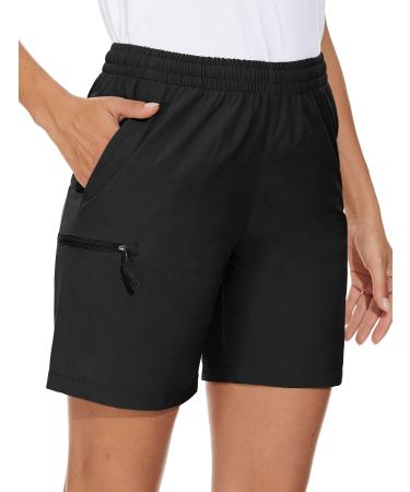 Cagola 7" Hiking Shorts Women Cargo Shorts with Pockets Quick Dry Athletic Shorts Workout Summer Elastic Waist Black Large