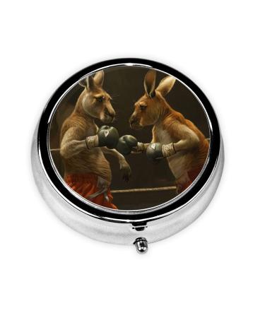 Boxing Kangaroo Portable Metal Pill Box Round Mini 3-Compartment Plastic Insert hinged Fastening Design Suitable for Small Pills Must-Have for Travel Black