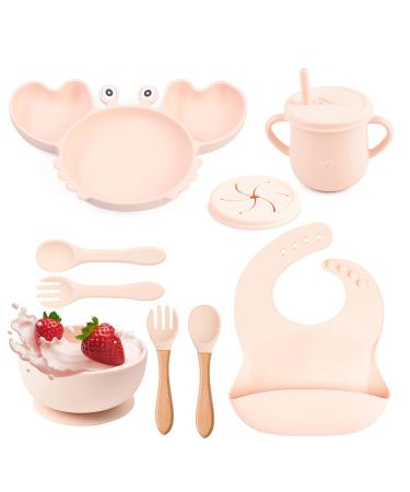 Toddler Feeding Set Silicone Baby Weaning Set with Suction Plate & Bowl Straw Sippy Cup or Snack Cup Adjustable Bib Folk & Spoon Easy Wipe Clean Feeding Sets (Light Pink Y22)