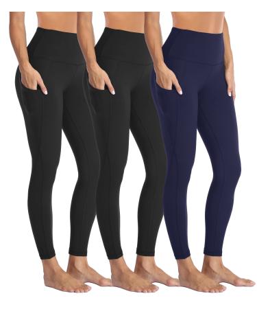 HIGHDAYS 3 Pack Leggings with Pockets for Women High Waist Tummy Control Workout Running Yoga Pants Black+black+navy Blue XX-Large