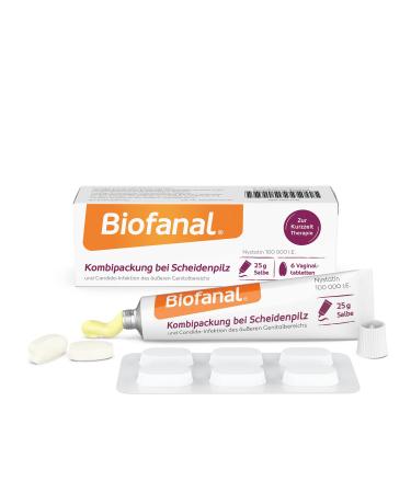 Biofanal combination packing for vaginal fungus: vaginal tablets and ointment with nystatin for yeast mushroom diseases 25 g ointment and 6 vaginal tablets 7-part set