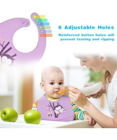 Vicloon Silicone Baby Bib 2PCS - Waterproof Adjustable Bibs for Infant Toddler with Food Catcher Pocket - Owl & Swan Pink-Purple - Buy Online on GoSupps.com