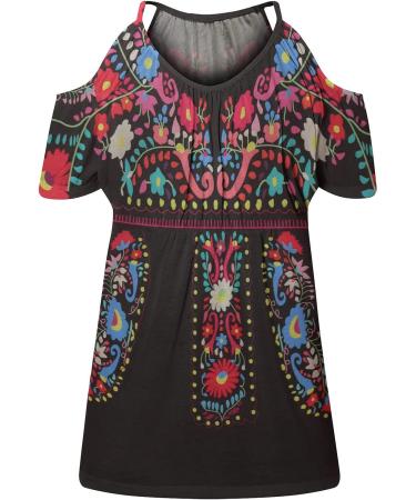 Womens Summer Cold Shoulder Top: Aztec Print Ethnic Style Graphic Tee, Black, X-Large - Buy Online on GoSupps.com