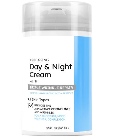 Wrinkle Repair Retinol Face Moisturizer (3.5oz) Day + Night Anti-Aging Face Cream with Hyaluronic Acid to Improve Fine Lines Dark Spots Wrinkles - Sensitive Skin + All Skin Types by SNG 3.50 Ounce (Pack of 1)