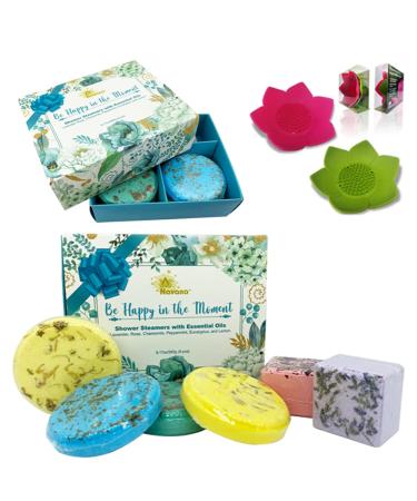 NAVANA Shower Steamers Gift Set   Be Happy in The Moment - Rose  Lavender  Chamomile  Lemon  Eucalyptus and Peppermint Essential Oils for Relaxation and Well-Being (520g) 1 Count (Pack of 1)