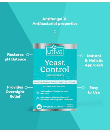 Utiva Yeast Control Boric Acid Suppositories pH Balance Feminine Care Suppositories for Women 600mg Boric Acid Suppositories to Lower pH and Support Vaginal Health 30 Vaginal Suppositories - Buy Online on GoSupps.com