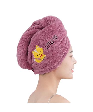 Cartoon Animal Hair Towel Wrap Coral Fleece Womens Hair Towel Cap Thickened Super Absorbent Drying Hair Turban with Button Anti-Frizz Microfiber Towelettes Hair Drying Towel for Wet Curly Long Hair Purple With Fox