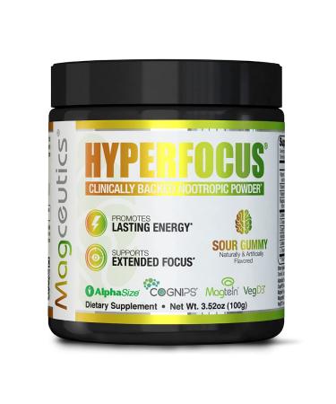 Magceutics Hyperfocus Energy Nootropic Powder - Magtein Magnesium L-Threonate Powder Focus Supplement Boost Memory & Cognitive Function Great for Studying or Gaming - 3.52 Oz (Sour Gummy)