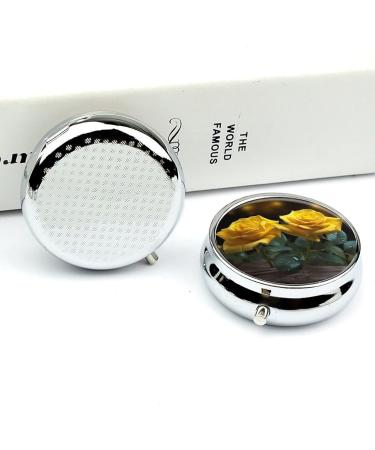 Round Pill Box with Beautiful Yellow Roses | 3 Compartment Decorative Metal Organizer | Portable Pocket Pill Case - Buy Online on GoSupps.com