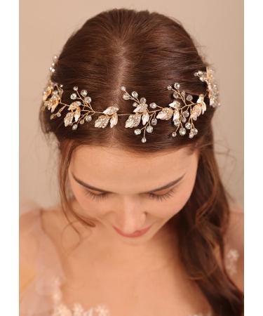 Deniferymakeup Gold Leaf Bride Wedding Hair Vine Crystal Bridal Hair Accessories Rhinestone Wedding Headpiece for Women and Girls