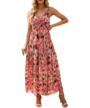 Summer New Thin Shoulder Strap Gathered Frilly Floral Print Dress Long Sleeve Dresses for plus Size Bridesmaids Red Small - Buy Online on GoSupps.com