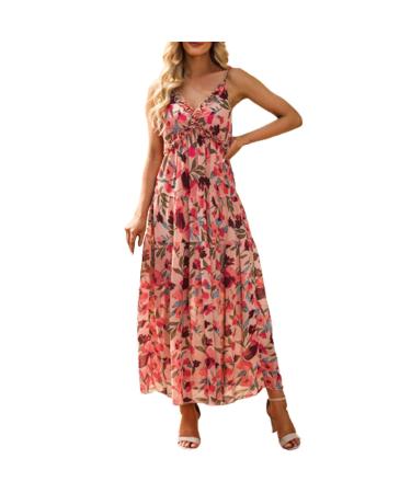 Summer New Thin Shoulder Strap Gathered Frilly Floral Print Dress Long Sleeve Dresses for plus Size Bridesmaids Red Small