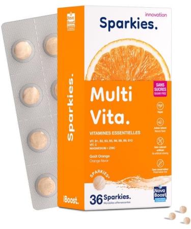 NovaBoost - Sparkies Multi Vita - Drinking Food Supplement - Multivitamins Vitamin C Zinc Magnesium - Effervescent Microbeads - Orange Flavor - Sugar Free - x36 - Buy Online on GoSupps.com