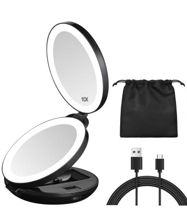 KEDSUM Upgraded Rechargeable LED Lighted Travel Magnifying Mirror, 1X/10X Magnification Compact Makeup Mirror with Lights, Double Sided Folding Vanity Mirror, Daylight, Portable Black