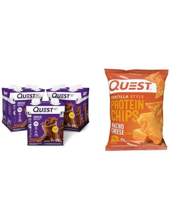 Quest Nutrition Ready To Drink Chocolate Protein Shake High Protein Low Carb Gluten Free & Tortilla Style Protein Chips Low Carb Nacho Cheese 1.1 Ounce (Pack of 12)