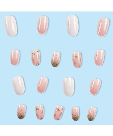 Shop French Tip Press on Nails - Short Round Almond Fake Nails with Gold Foil | Full Cover Glossy Pink Acrylic Stick-On Nails for Women & Girls - Buy Online on GoSupps.com