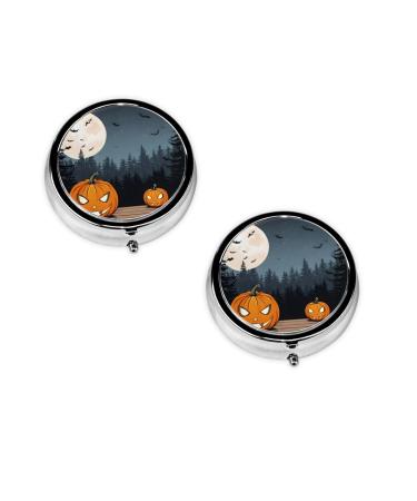 (Halloween Moon Bat Pumpkin) Round Pill Box 3 Compartment Pill Box Mini Decorative Pocket Purse Portable Travel Medicine Tablet Vitamin Holder Organizer Pill Case