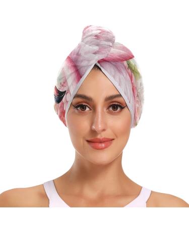 Pink Flamingo Flowers Hair Towel 2 Pack Super Absorbent Hair Drying Towel Quick Dry Hair Turbans Head Towel with Button Twisty Wrap for Women Girls