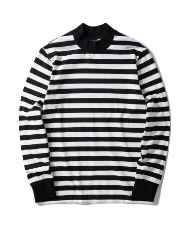 Zengjo Mens Striped Shirt Long Sleeve Mock Turtleneck Shirts Medium Black&white Wide