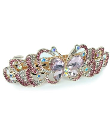 Jeweled Butterfly Hair Clips - Set of 2 Rhinestone Barrettes - Pink and Clear Crystals - Gold Tone - 3.5W x 1.25H - Buy Online on GoSupps.com