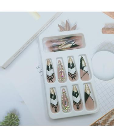 Shop Long Stiletto Press on Nails - Gold Glitter French Tip with Rhinestones | Luxury Artificial Acrylic Fake Nails for Women & Girls | Full Cover Stick-On Manicure Decorations - Buy Online on GoSupps.com