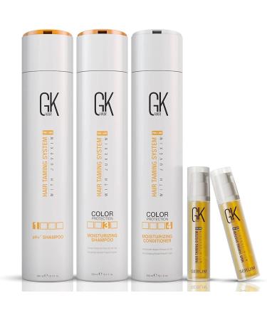 GK HAIR Global Keratin Moisturizing Shampoo Moisturizing Conditioner pH+ Clarifying Shampoo 300 ml and serum pack of 2 10 ml Organic oil extracts