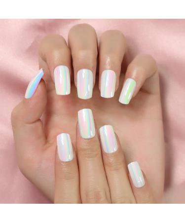 Aurora Medium Square Press-On Nails - Holographic Acrylic Full Cover Fake Nails for Weddings & Daily Wear - 24pcs Kit - Buy Online on GoSupps.com