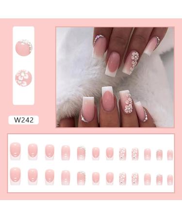 24 Pcs Gradient Pink French Tip Press on Nails with Rhinestones & Flowers - Medium Square False Nails for Women - Buy Online on GoSupps.com