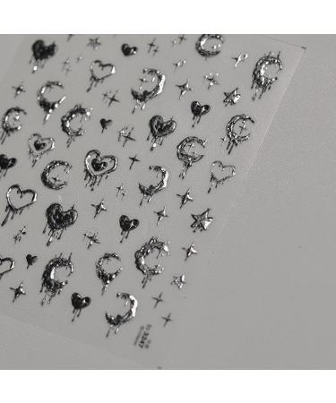 Silver Melted Heart Moon Stars 5D Acrylic Nail Art Stickers - Retro Design for Women | International Shipping Available - Buy Online on GoSupps.com
