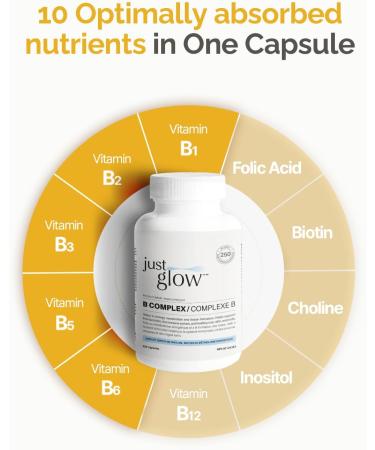 Just Glow B Complex - 250 Vegan Capsules - Essential Vitamin B w/Biotin Niacin Choline Folate and Inositol - Made in Canada (250 Days / 1 Bottle) - Buy Online on GoSupps.com