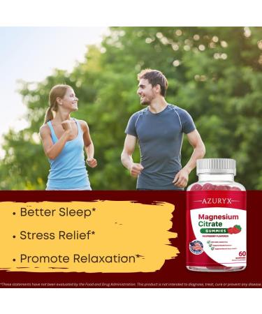 Azuryx Magnesium Citrate Gummies - Muscle, Nerve, Bone Health, Stress Relief - Raspberry Flavor, 60 Gummies - Buy Online on GoSupps.com