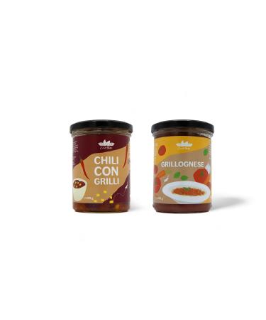 Entosus - gourmet duo - two delicious sauces based on edible insects.The trial set includes 1x chili con grilli and 1x grillognesis in the glass of 370g.sustainable and protein -rich