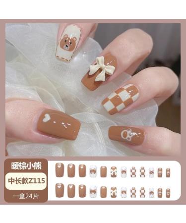 Nail dressing medium length brown checkerboard teddy bear nail patch fake nail 24 pieces 1 count (Pack of 1) Brown - Buy Online on GoSupps.com