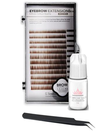 Eyebrow Extensions Kit with 1 x Trays of Mink Eyebrows in Brown Comes on Mixed Length Trays 5-8 Mm Mix  Eyebrow Extension Glue Clear & Extension Tweezers by Kc Republic