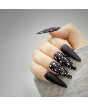 JUSTOTRY 24 Pcs Stiletto Fake Nails Long with Star Black French Press on Nails Patterns Beautiful Almond Stick on Nails for Women Acrylic Extra Long False Nails Long with Glue for Nail Art Black& Stars1