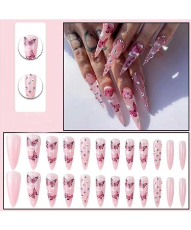 Kamize Pink Bling Stiletto Press on Nails - 24PCS Long Full Cover Acrylic Butterfly False Nails for Women and Girls - Buy Online on GoSupps.com