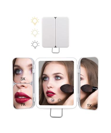 World Backyard Travel Mirror Mini Trifold Lighted Makeup Mirror with 3 Colors Light Modes USB Rechargable Portable Ultra Thin Compact Vanity Mirror with Touch Screen Dimming for Cosmetic White