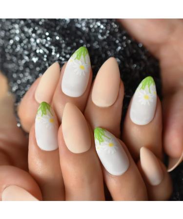Daisy Nail Art Medium Stiletto Matte Green - 24pcs | International Shipping Available - Buy Online on GoSupps.com