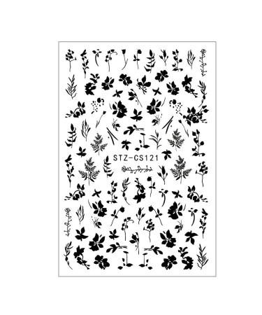 Decor Botanical Adhesive Decal Simple Plant 3D Flowers Leaf Black White Nail Stickers(black)