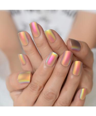Ayyla 24 pieces Rainbow Colourful Bellarina Omber Colorful False Nails Long Acrylic Full Cover Fake Nails Tips Stick On Nails for Girls Women (short squoval metallic rainbow ombre)