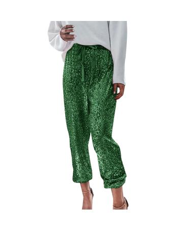 Duohropke sequins pants women glitter pants women high waist with elastic band cord strain sexy elegant stretch leisure pants party festive loose long pants for women xxl green