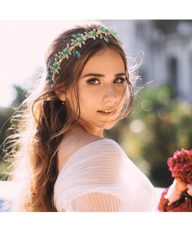 Green Rhinestone Gold Leaf Wedding Headpiece - Bridal Crystal Hair Hoop for Women and Girls - Buy Online on GoSupps.com