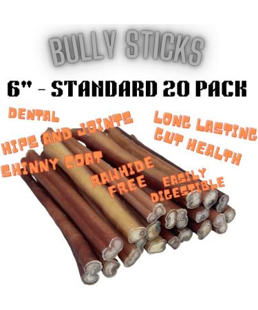 Bully Sticks - Low Odour - **6" Standard - 20 Pack Minimum** - Premium Single Ingredient Dog Chew - 100% Beef - All Natural/Organic - Dental Care - Long Lasting - Rawhide Free - Buy Online on GoSupps.com