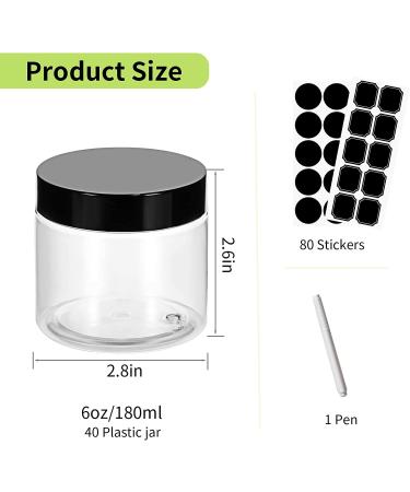 40 Pack 180ml Clear Plastic Jars with Black Lids | Refillable Round Containers for Slime & Beauty Products | Includes Pen & 80 Labels | 6oz - 40 Pack - Buy Online on GoSupps.com