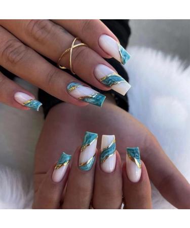 JUSTOTRY 24 Pcs Gold Swirl False Nails Long Dark Green French Press on Nails Patterns Glossy Ballerina Stick on Nails for Women Acrylic Coffin Fake Nails Medium with Glue for Nail Art green&Coffin1